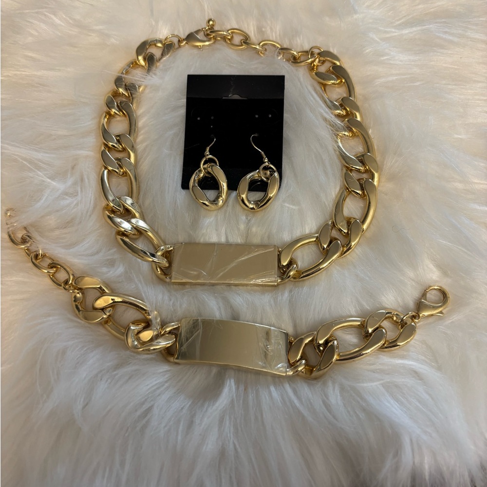 Gold Chain Necklace and Bracelet Set with Earrings